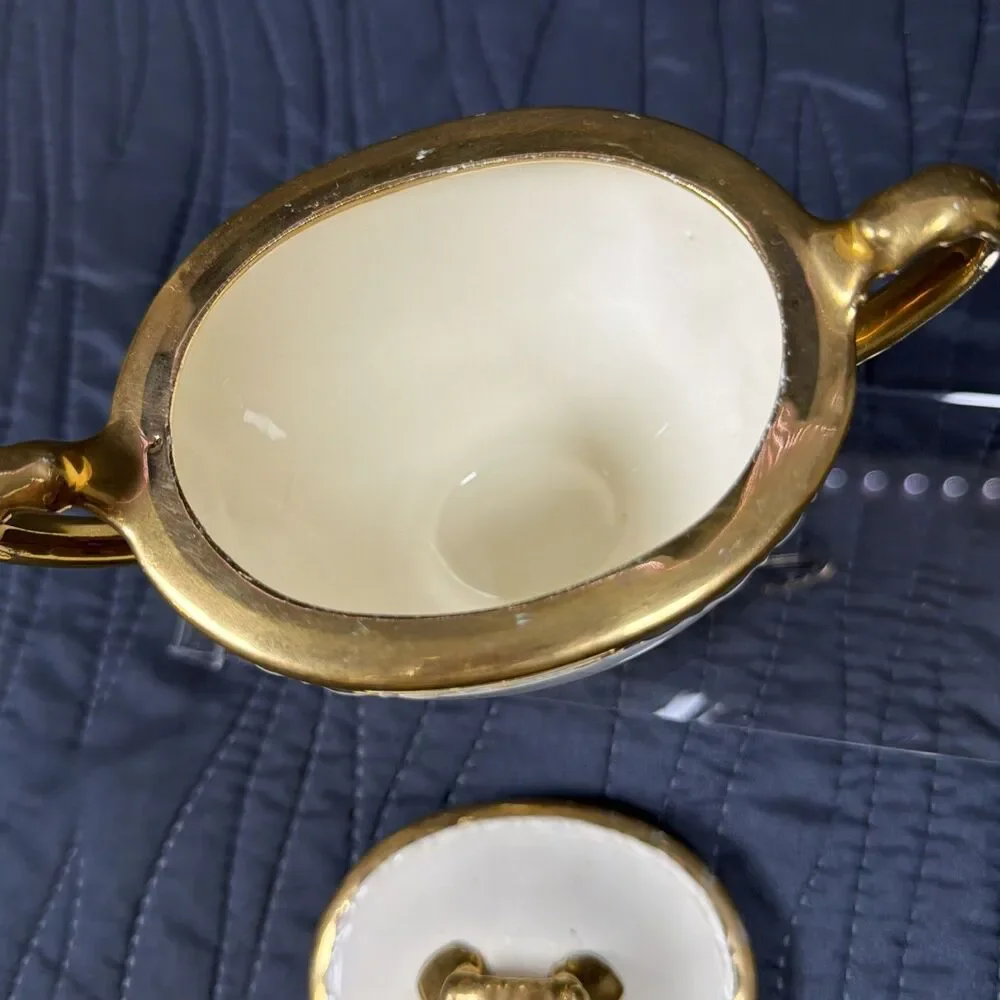 Vintage Porcelain Covered Sugar Bowl Dogwood Flowers Gold Trim Handles Lid